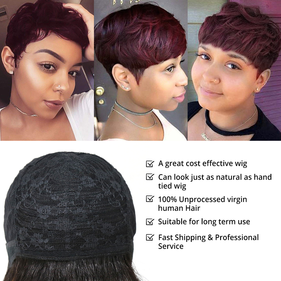 Short Wigs With Bangs Burgundy Red Highlight Virgin Hair Pixie Cut Human Hair Wigs For Black Women Cheap Hair Straight Bob Wigfactory direct