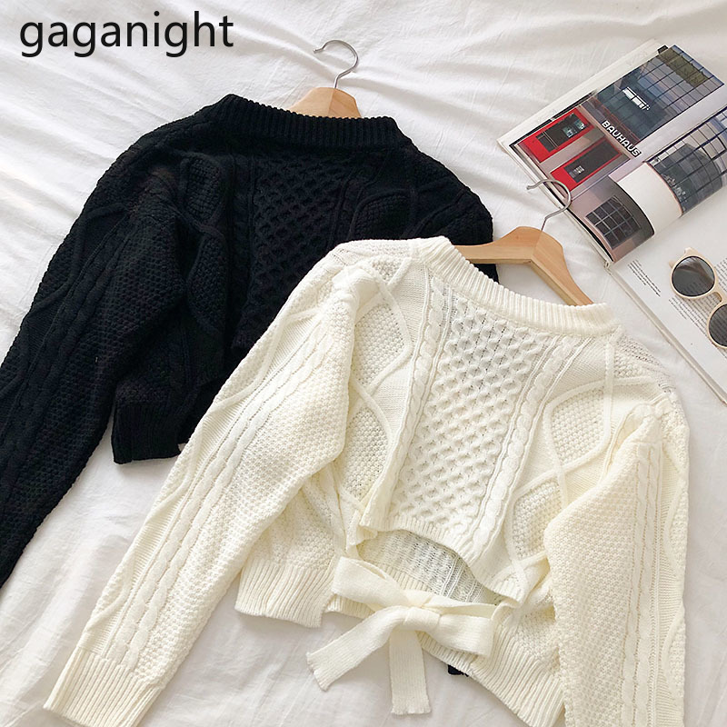 Gaganight Knitted Women Autumn Winter Sweater Cropped Pullover Lace Up Fashion Sweaters Lady Chic Slim Casual Pull Femme Casual 201017