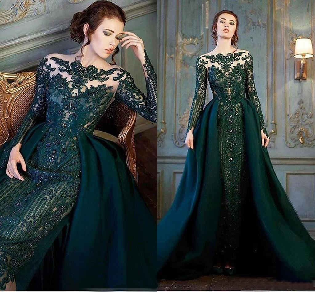 Hunter Modest Emerald Green Long Sleeve Prom Formal Dresses With Detachable Train Lace Beaded Mermaid Evening Wear Dress Lz0304