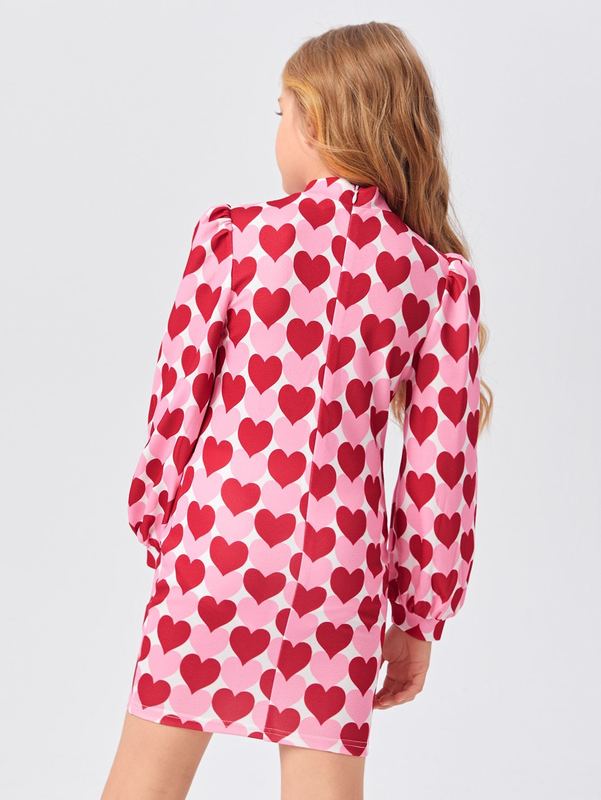 Girls Mock-neck Lantern Sleeve Heart Dress SHE