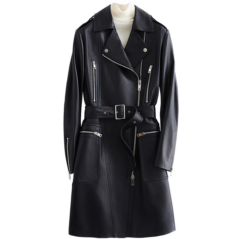 Lautaro Black long faux leather jacket women with many pockets zipper belt lapel Spring plus size leather trench coat for women 201020