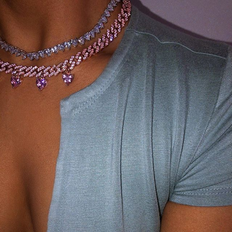 Fashion New Arrived Girlfriend Lover Gift Jewelry Pink White Heart Cubic Zirconia CZ Charm Cuban Chain Choker Necklace Pink Jewelry