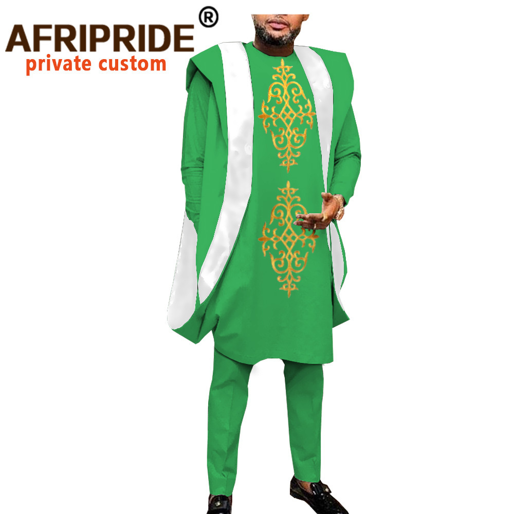 African Clothing for Men Dashiki Embroidery Agbada Robe Plus Size Dashiki Outfits Coats Shirts and Pants 3 Piece Set A044 201109