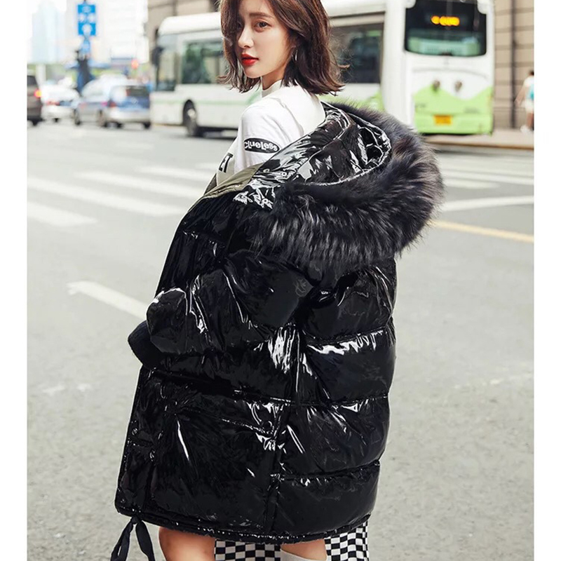 Big Fur Patent Leather Winter Jacket Women Thicken Long Down Parka Hooded Female Duck Down Waterproof Coat 201029