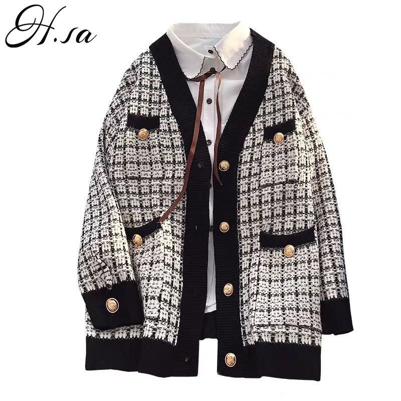 H.SA Women Sweater Jacket Oversized Knitted Cardigans Loose Plaid Jumpers Korean Clothing Robe Long Elegnat Female Coat 201119
