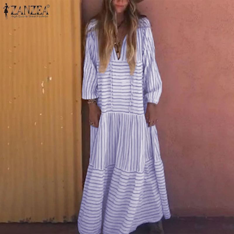Women Long Maxi Dress ZANZEA Female Printed Stripe Vestidos Ladies Casual Long Sleeve Dresses Party Sundress Kaftan Robe 7 T200416