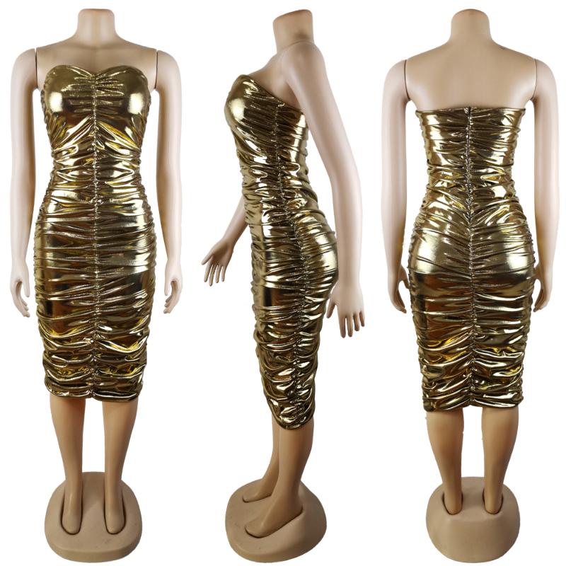 Women PU Leather Gold Ruched Bandeau Dress Shiny Off Shoulder Strapless Bodycon Bandage Dress Metallic Midi Party Club