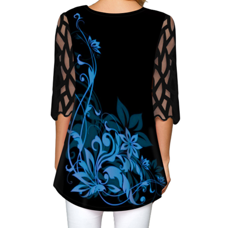 Organza Patchwork Long Shirt Print Women Floral Tshirts Plus Size 3XL 4XL 5XL Top Ladies Elegant Office Shirts New Summer Tees T200516