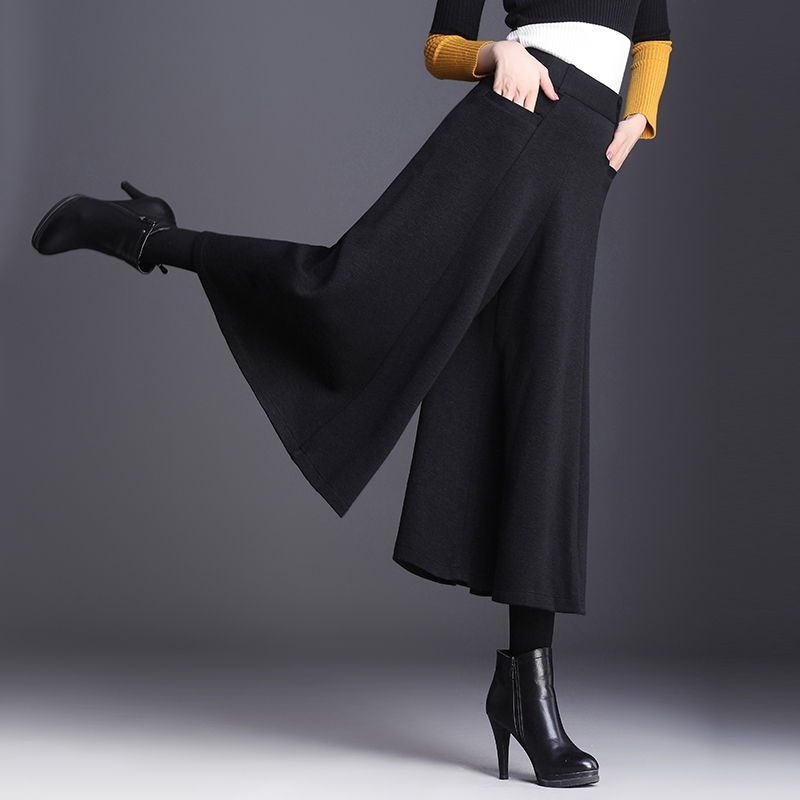 Wide-Leg New Autumn Winter Woolen Flavor Trousers High Waist Plus Size Pants Women Culottes 667A 201228