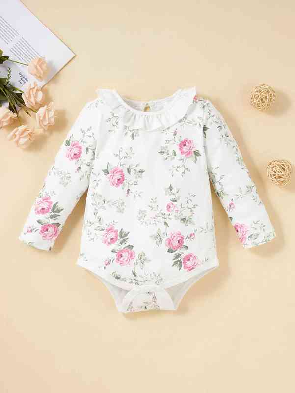 Baby Floral Print Ruffle Trim Bodysuit & Cable Textured Pants SHE