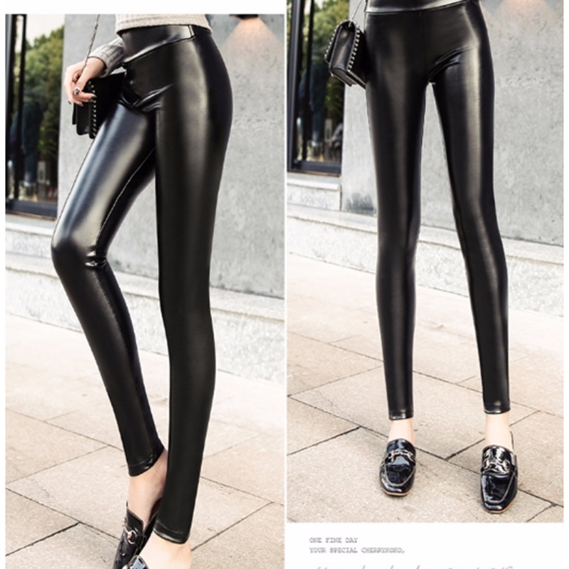 Everbellus Women Faux Leather Leggings Autumn Winter Sexy Slim Black High Waist Elastic Plus Velvet PU Pants Warm Light Leggins 201203