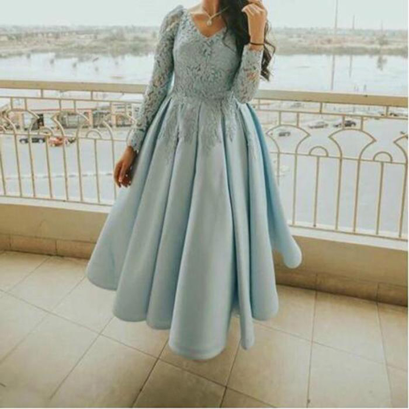 Light Blue Short Prom Dress With Illusion Long Sleeves 2020 Midi Formal Evening Dress Cheap Arabic Party Gowns