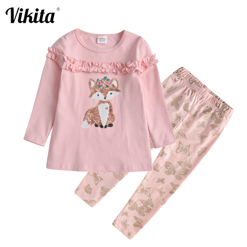 VIKITA Kids Cotton Clothing Sets for Girl Children Fox Sequins Cartoon T Shirt and Butterfly Print Trousers Girl Autumn ClothingX1019