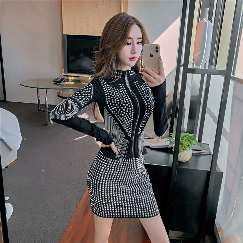 Spring Autumn Sexy Rivet Tassel Coat Womens Fashion Korean Clothes Shiny Zipper Jacket Ropa Mujer Cotton C03201 201112