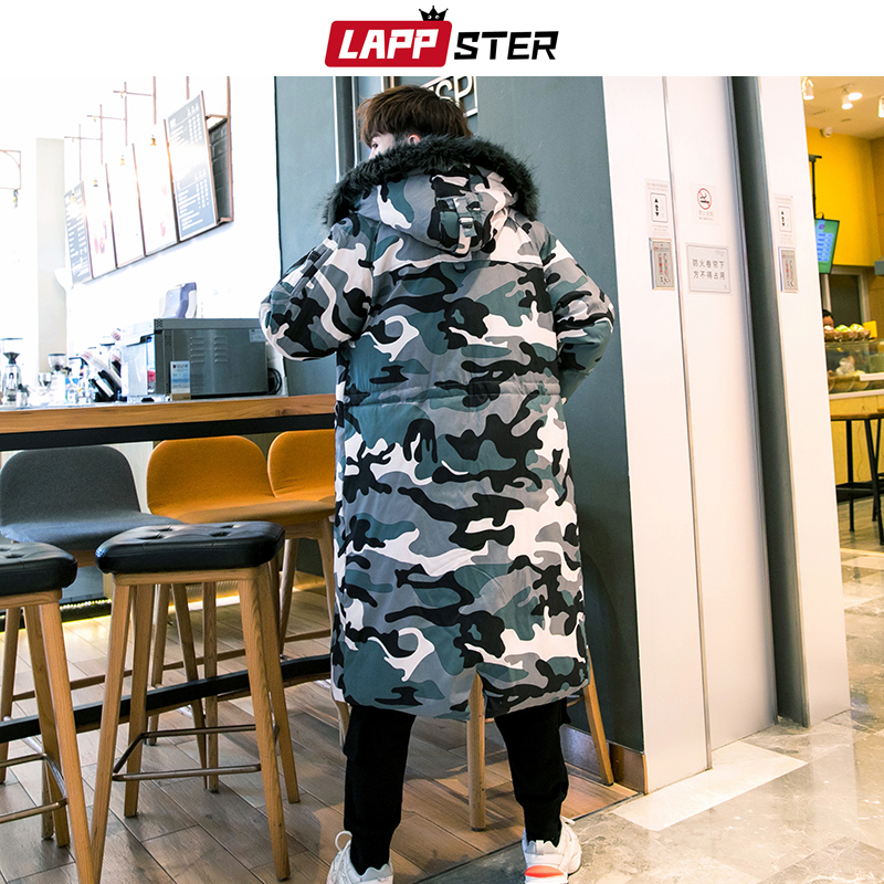 LAPPSTER Camo Winter Long Coat Men Thick Warm Camouflage Puffer Jacket Japanese Streetwear Fur Hooded Winter Jacket Plus Size 201128