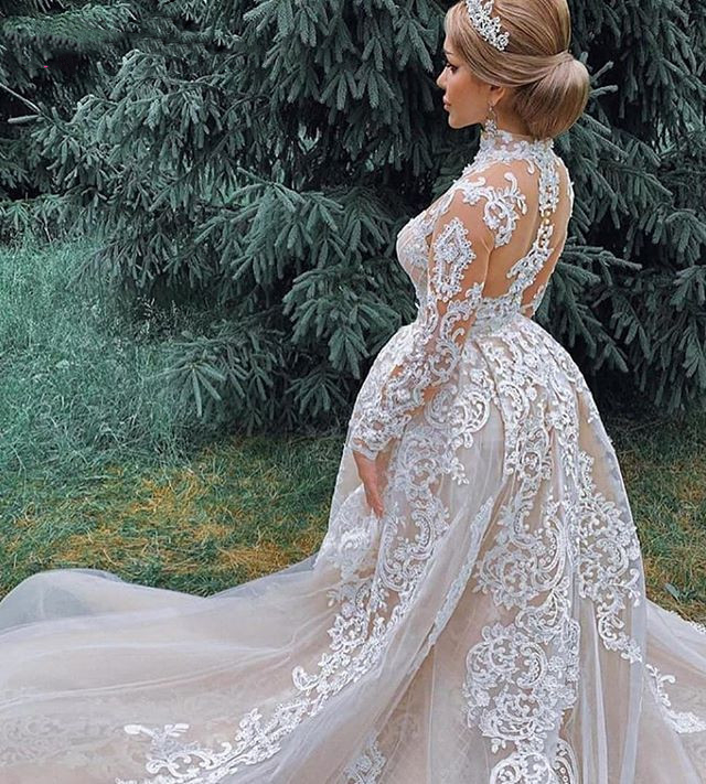 Dubai Dresses With Detachable Train Elegant High Neck Lace Appliques Mermaid Wedding Gowns Long Sleeves Bride Dress Trouwjurk