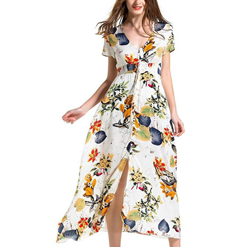 Bohemia Floral Long Women Dress Summer Button Boho Beach Maxi Dress Ladies Fashion Vintage Print casual dress women LDW1026 T200320