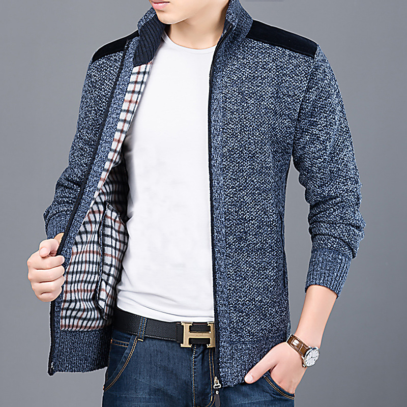 Winter Men Streetwear Jacket Causal Cardigan Coat Knitted Cardigan Thick Zipper Patchwork Male Sweater Mandarin Collar Outerwear 201221