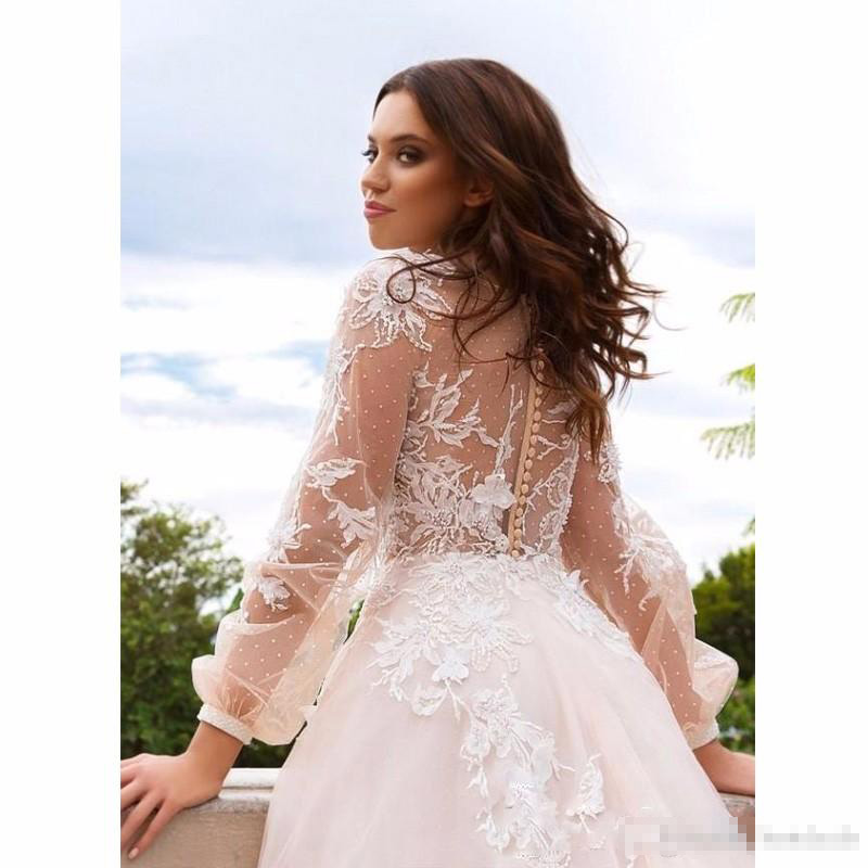 Sexy Deep V Neck Dresses A Line Long Sleeves Illusion Covered Buttons Back Lace Applique Country Wedding Gown Robe De Mariee 403 Pplique Pplique
