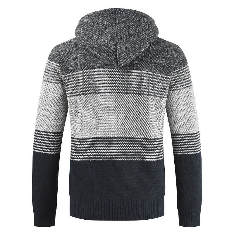 Men's Sweater Coat Spring Autumn Mens Colorblock Hooded Stripe Coat Thick Zipper Wool Sweater Slim-fit Cardigan Jumpers Male 201118