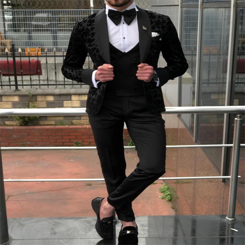 3piece black wedding suits handsome custom made appliqued men suits tuxedos peaked lapel blazer party formal business suit