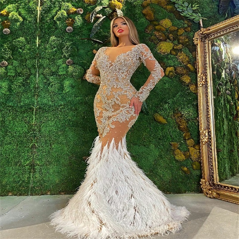 Real Image Feather Evening Dresses Glitter Sequins Beads Appliqued Mermaid Long Sleeves Prom Dresses Gorgeous Pageant Gown Custom Made