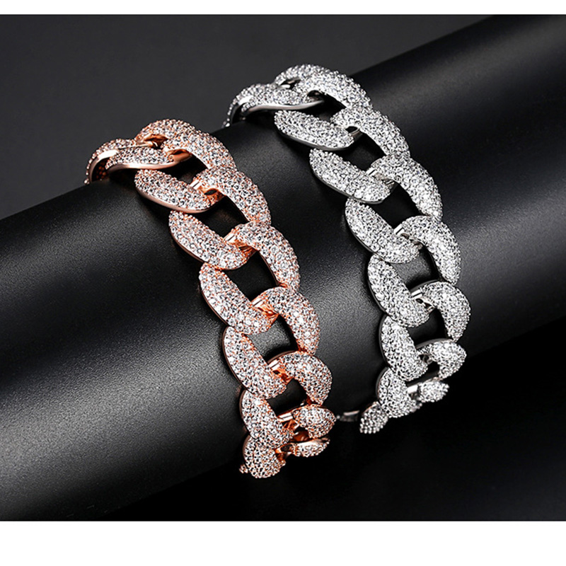 18mm Hip Hop Mens Bling Full Diamond Stone Cuba Chain Bracelet Heavy Thick Platinum Plated Bangle