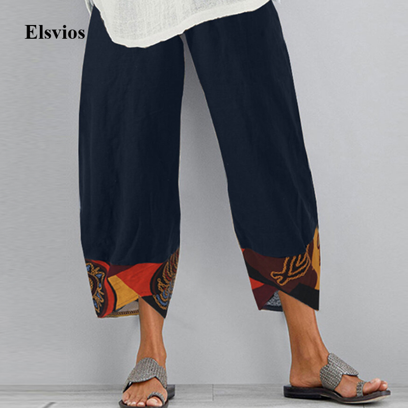 2020 Women Cotton Linen Vintage Pants Summer Elastic Waist Irregular Trousers Pantalon Casual Dandelion Print Cropped Pants 5XL T200727