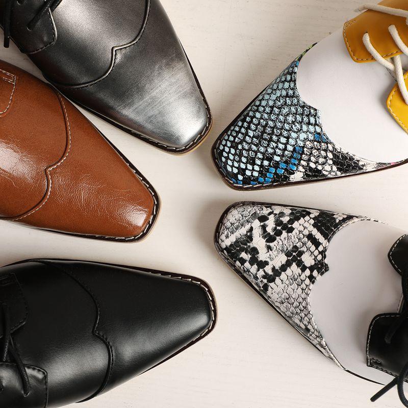 Dress Shoes COOLULU 2021 Women Oxford Snake Print Lace Up Pumps Stacked Mid Heel Square Toe Casual Ladies Size 34-43