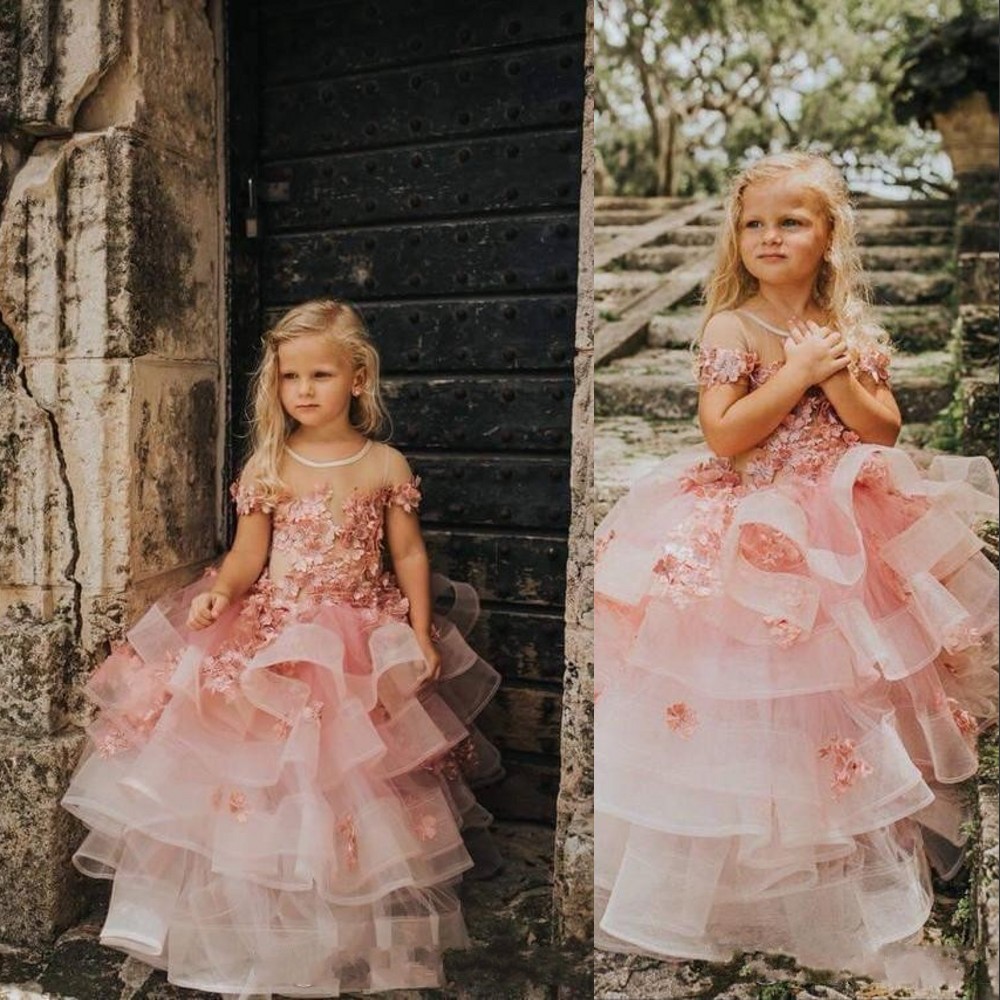Flower Girls Dresses Short Sleeves For Weddings Pink Lace Appliques 3D Floral Flowers Ruffles Tiered Birthday Girl Communion Pageant Gowns