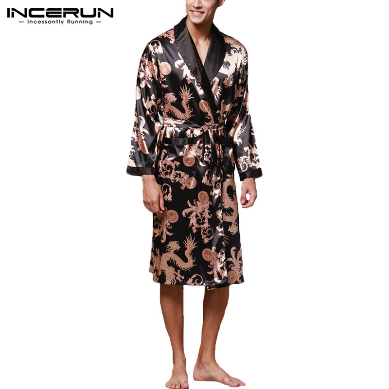INCERUN Fashion Satin Silk Pajamas Mens Robe Long Sleeves Bathrobe Lucky Chinese Dragon Print Gown Bathrobe Sleepwear Lounge 210203