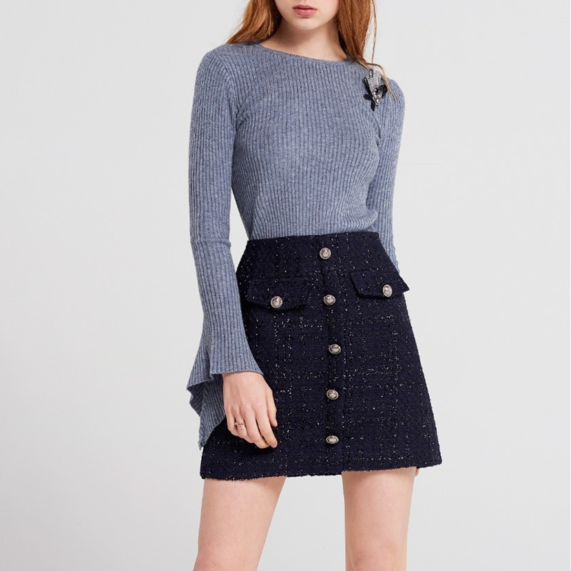 Flectit Fall Winter Plaid Wool Skirt Womens Royal Button Pocket Front Plus Size Glitter Tweed Mini Skirt Saia Feminina T200324