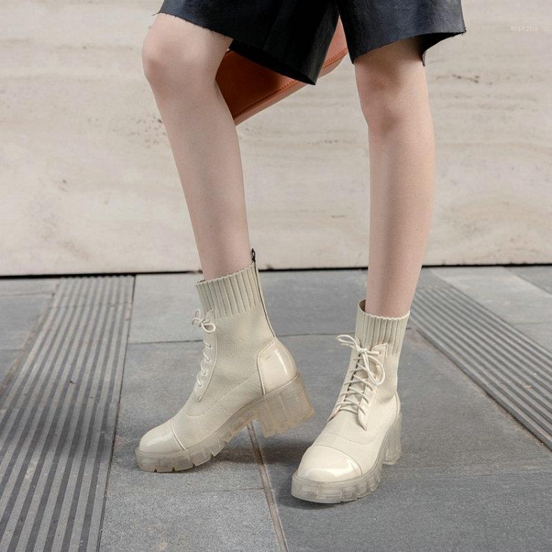 Sianie Tianie autumn knitted stretch fabric woman boots lace-up chunky clear transparent heels platform women ankle boots1, Beige
Sianie Tianie autumn knitted stretch fabric woman boots lace-up chunky clear transparent heels platform women ankle boots1, Beige