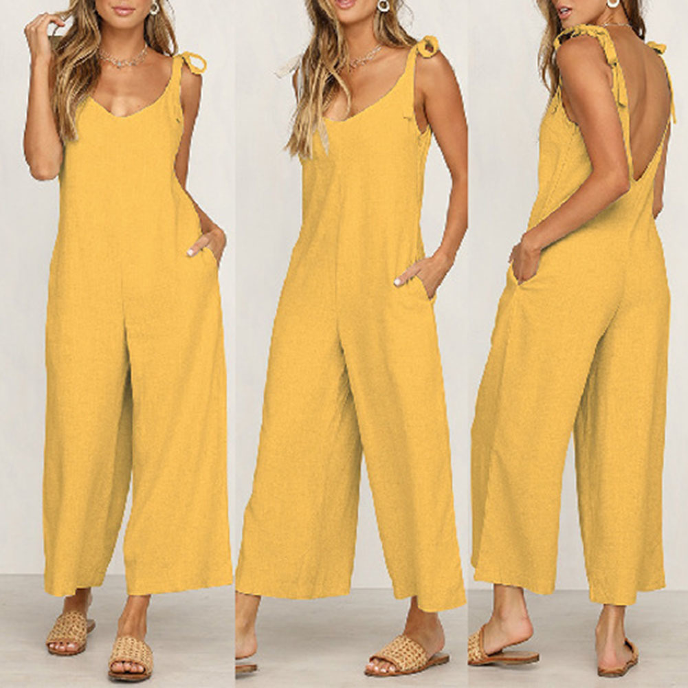 Sexy Solid Backless jumpsuits women V neck spaghetti strap long overalls Summer beach loose female jumpsuit 2019 T200303