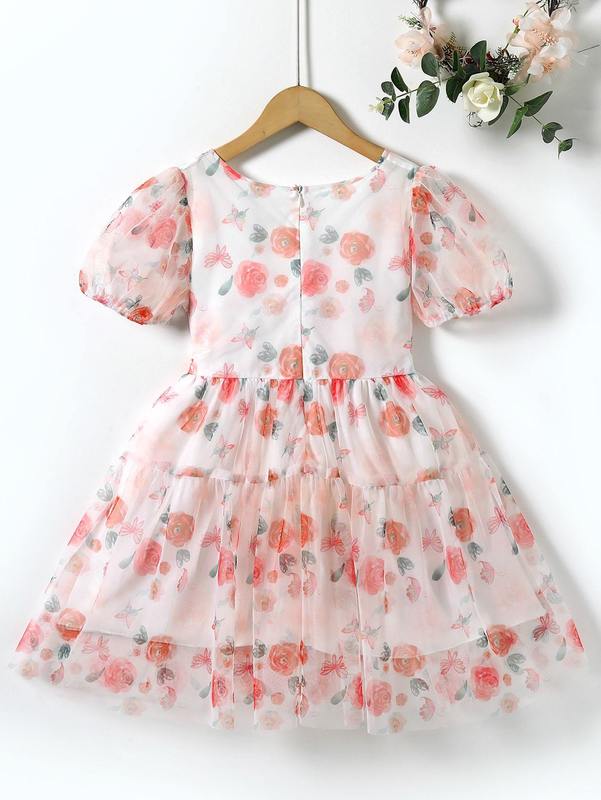 Girls Floral Print Puff Sleeve Ruffle Hem Mesh Dress SHE
