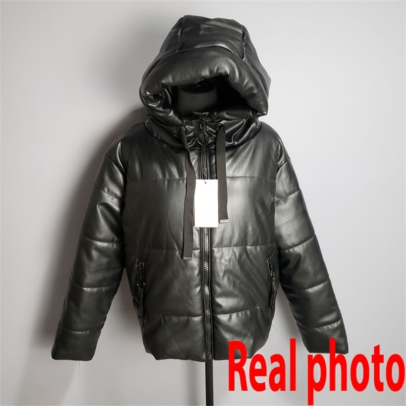 Faux Leather Winter Hooded Jacket Women Cotton-padded Parkas Zipper Thicker Warm Bread Coat European Clothing 201210