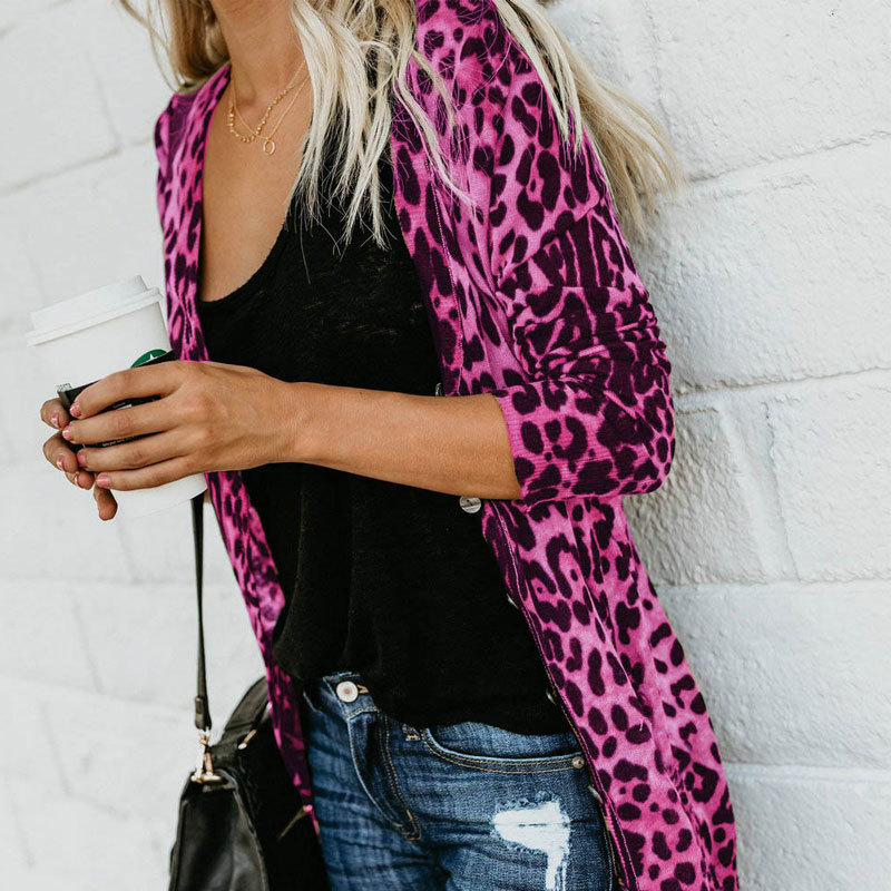 eopard Printed Kimono Cardigan Coat Button Womens Spring&Autumn Jacket Long Sleeve Up Slim Vintage Long Coats Female Outerwear 201007