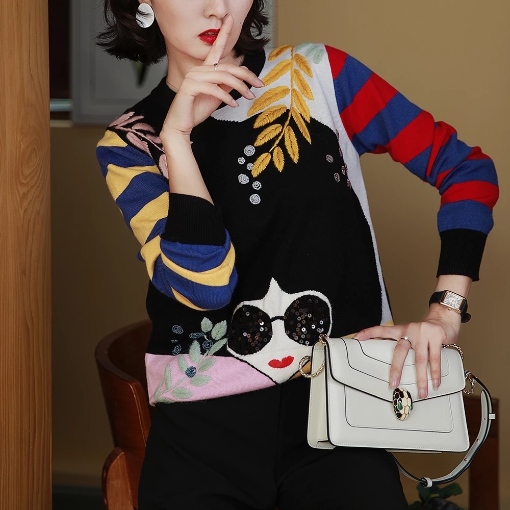 Winter New Contrast Striped Sleeve Embroidery Leaves Beaded Sequins Sunglasses Girls Knit Sweater C-331 201224