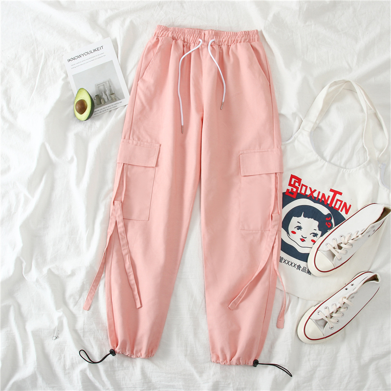 Spring Cargo Pants Student Sport Casual Sweatpants Women Black High Waist Pocket Trousers Streetwear Womens Joggers Sweatpants 201111