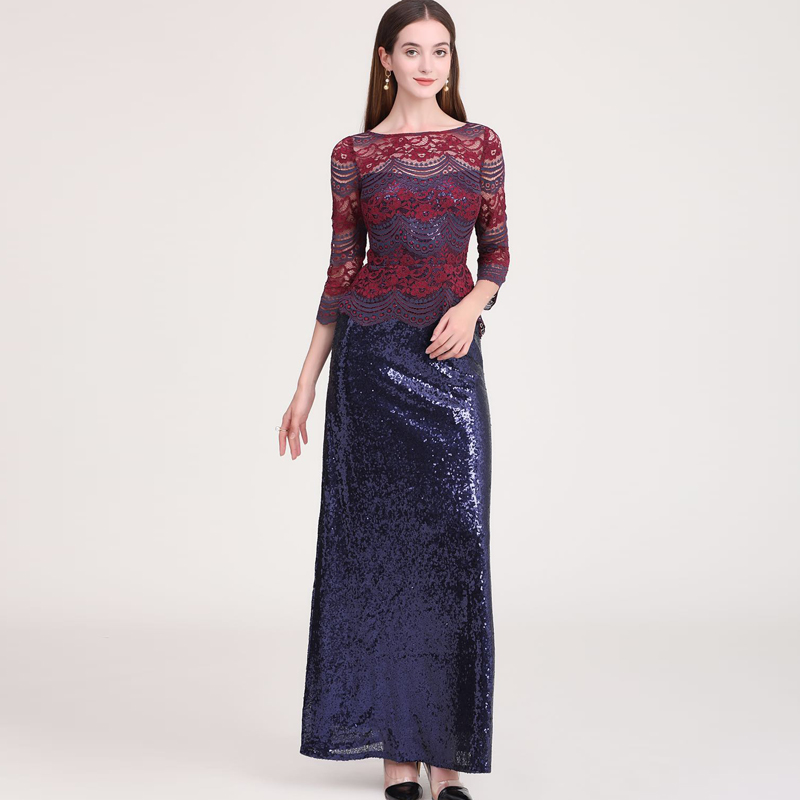 Women's Party Dress O Neck Embroidery Lace Long Sleeves Patchwork Sequined Elegant Maxi Runway Prom Dresses