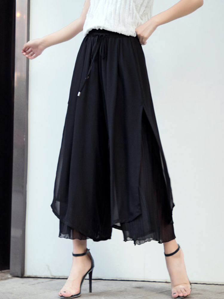 New Chiffon Slit Nine Wide Leg Pants Summer High Waist Drape Casual Loose Culottes Female Solid Loose Bohemia Skirt Pants 882F 201106