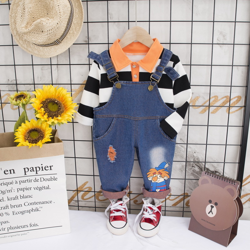 BOY'S Baby New Style Korean-style Children Fold-down Collar Stripes Long-sleeved Sweater Versatile Cowboy Suspender Pants ChildrX1019