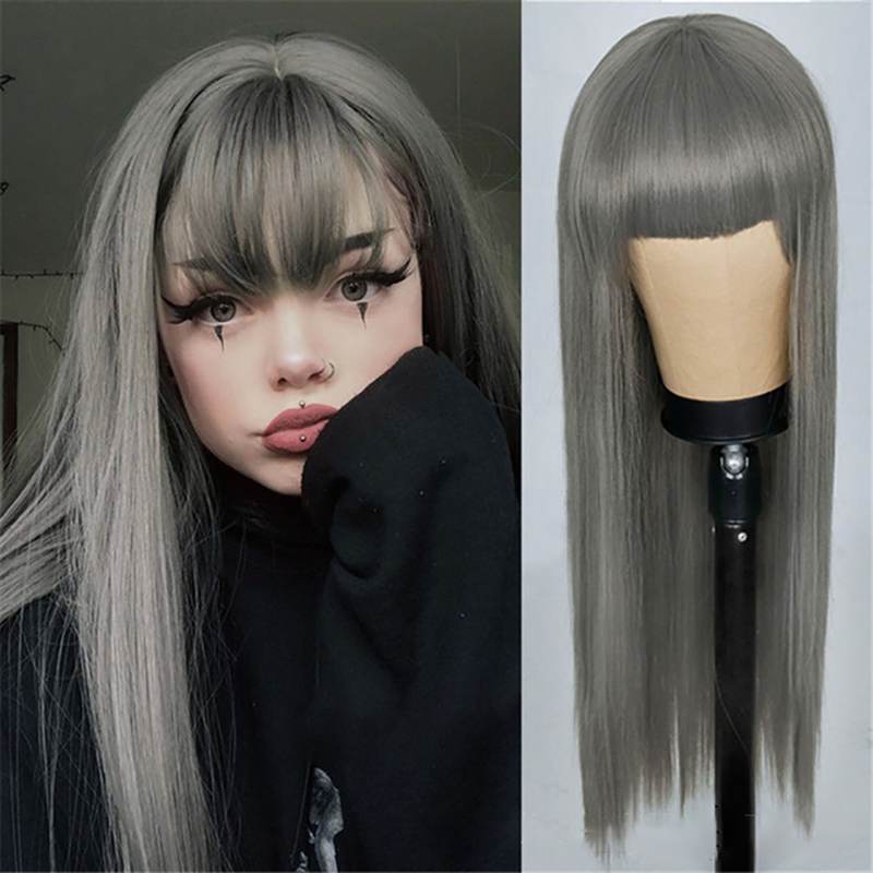 Flat Bangs Long Straight Wig Female Soft Chemical Fiber Hair Fashion Ladies Full Head Cover Wig