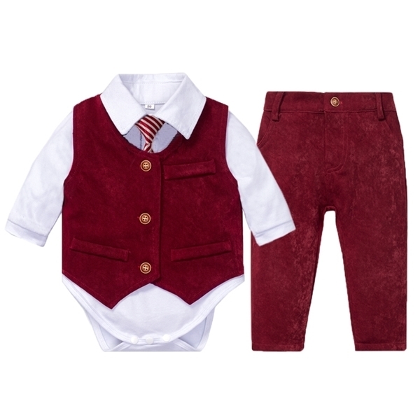 Newborn Baby Clothes for Boys Wedding Suit White Romper + Red Vest + Pants 4 Pieces Kids Little Gentleman Infant Suit Y1105