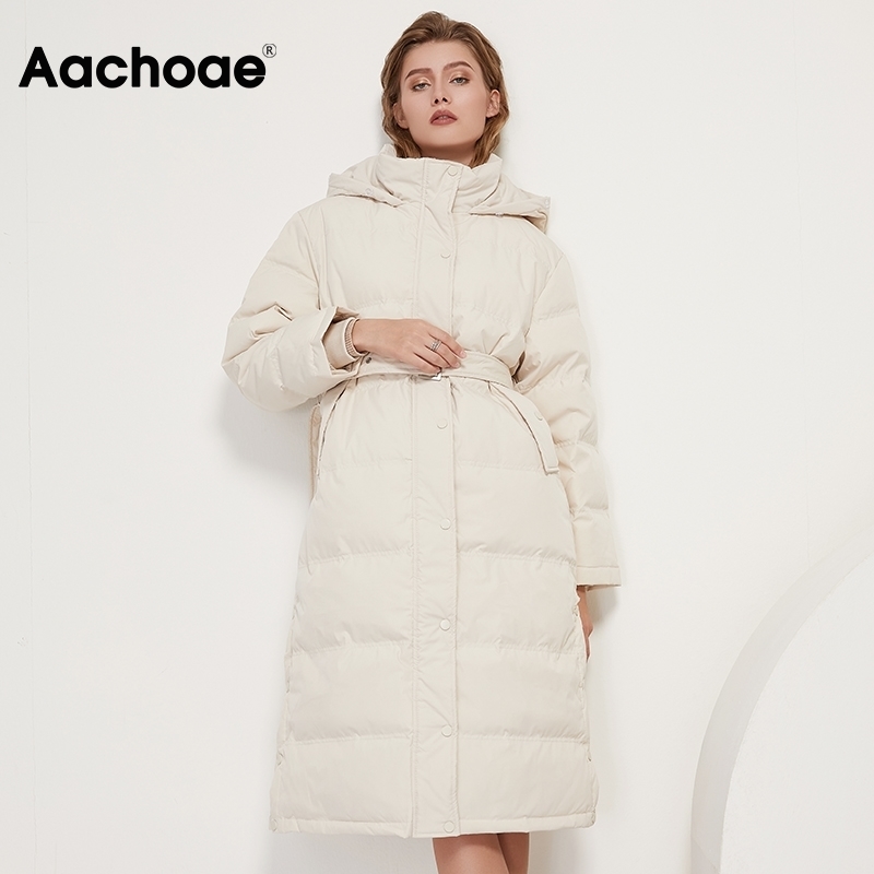 Aachoae Women 90% White Duck Down Long Coats With Belt Winter Thick Warm Hooded Coat Parka Female Outwear Down Jacket 201029