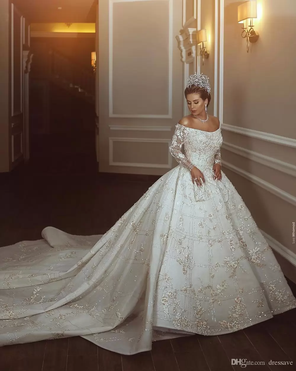 Plus Size Dresses Off Shoulder Lace Beads Sleeve Long Sleeves Arabic Vestido De Novia Wedding Gowns Bridal Dress Cph070