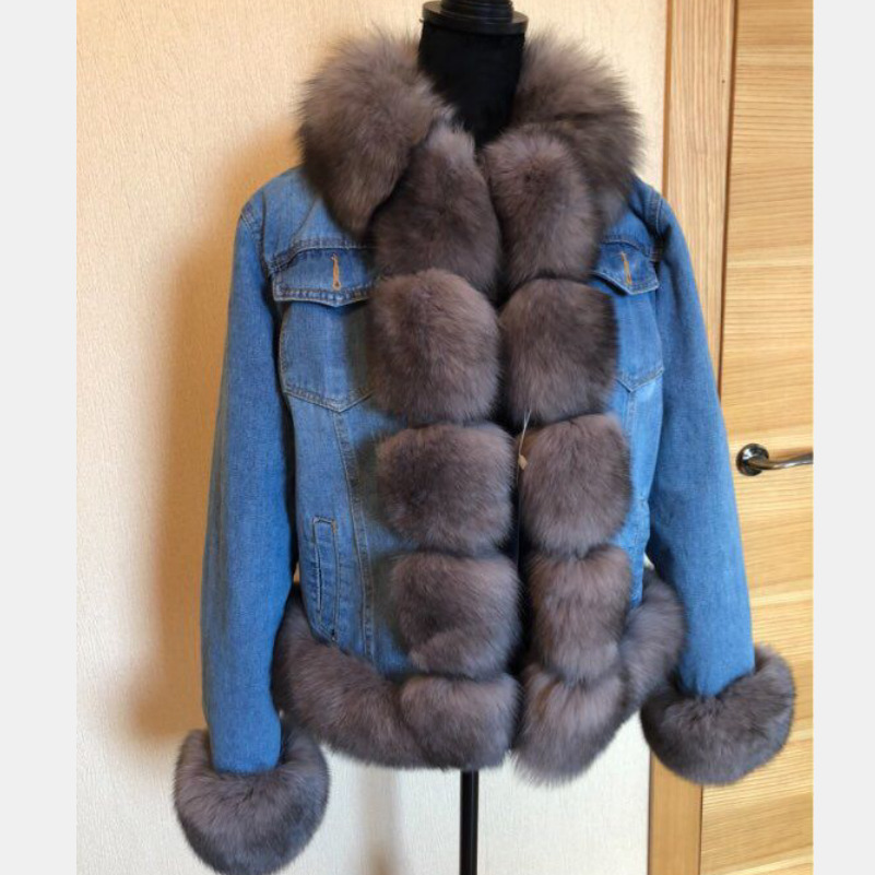 Women's New Natural Fur Denim Jacket Parker Clothing Rabbit Fur Lining Real Fur Denim Jacket Warm Fashion Casual E 201016