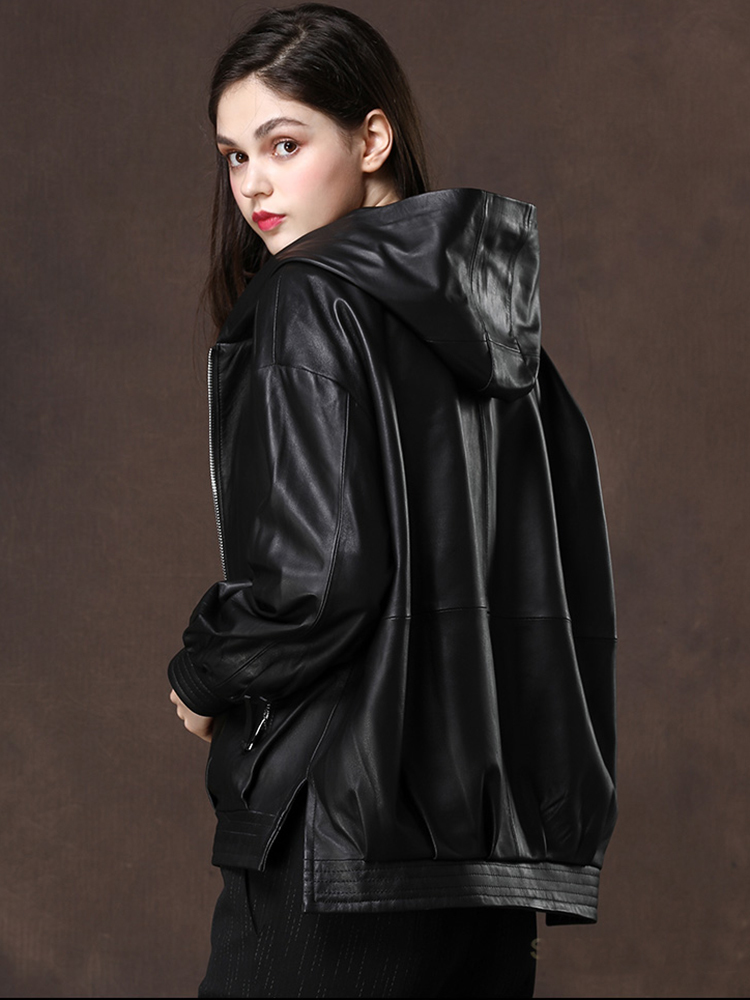 Nerazzurri Black oversized leather jacket women with hood long sleeve drop shoulder zipper plus size spring faux leather coat 201226