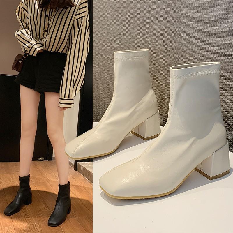 2020 new thick heel short boots women boots Korean style single fashion mid-heel thin women, Black