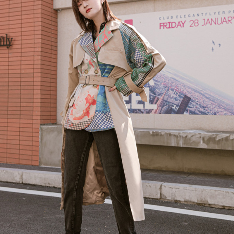 TVVOVVIN Spring New Long-sleeved Abstract Pattern Printing Stitching Fashion Ladies Irregular Hem Khaki Trench Coat KBV8 201102